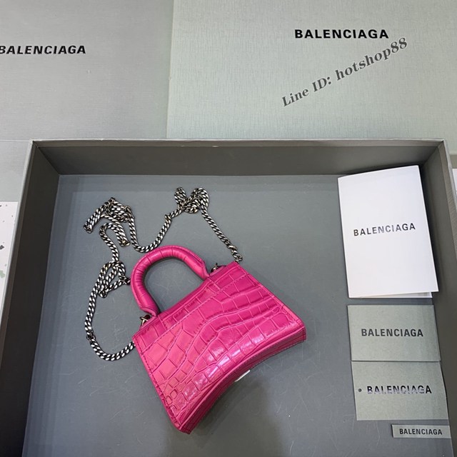 Balenciaga專櫃爆款mini Hourglass沙漏包 巴黎世家鱷魚紋玫紅超迷你號手提肩背女包 fyj1551